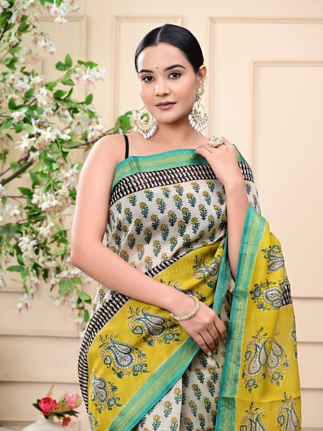Premium Bagru Handblock Printed Maheshwari Silk Sarees
