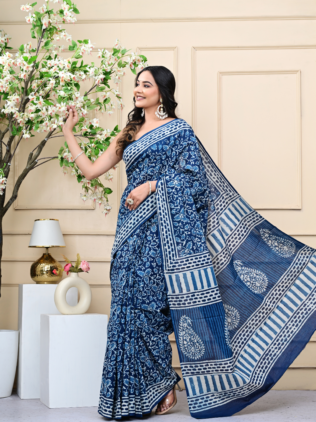 Indigo Jaal Hand-Block Print Mulmul Cotton Saree