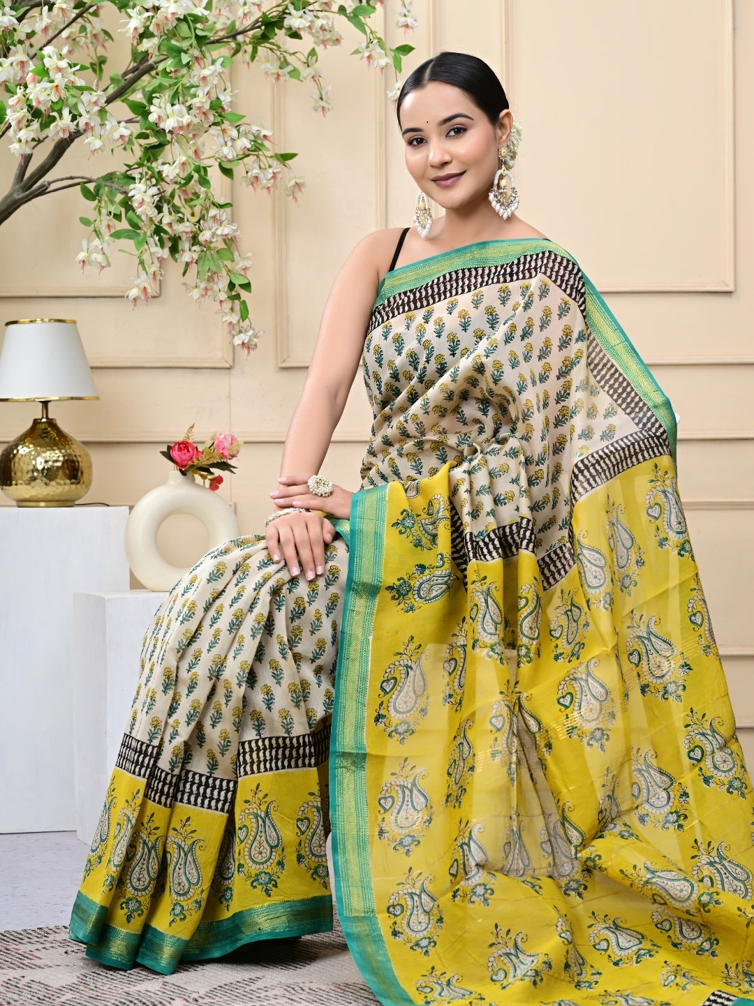 Premium Bagru Handblock Printed Maheshwari Silk Sarees