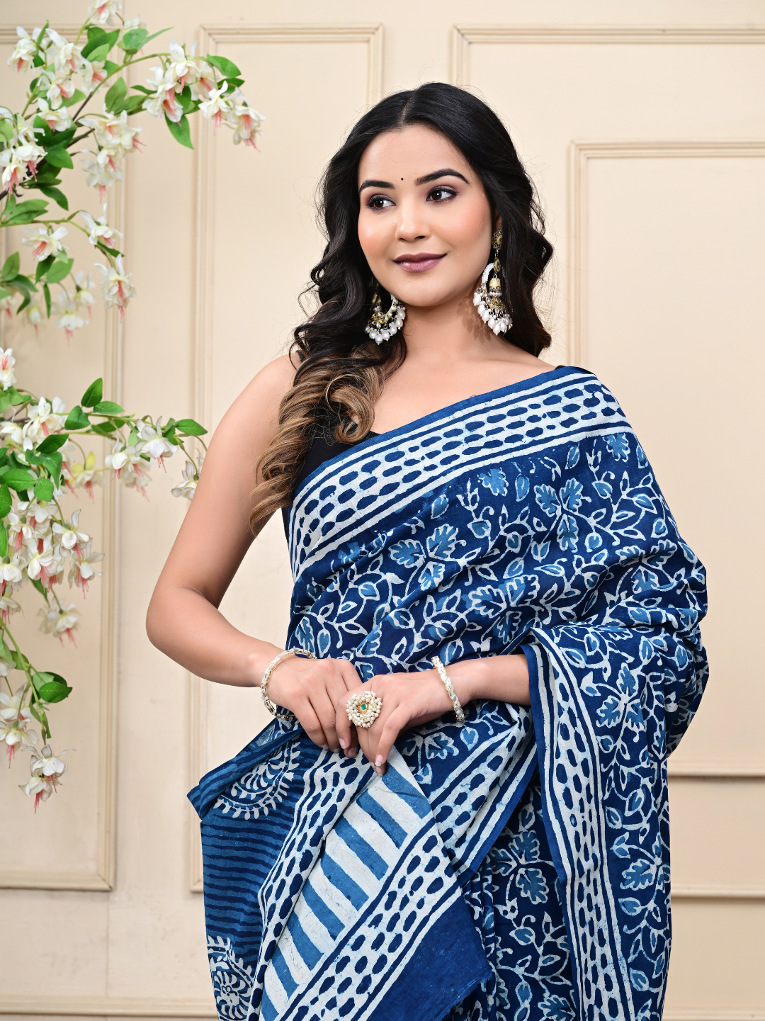 Indigo Jaal Hand-Block Print Mulmul Cotton Saree