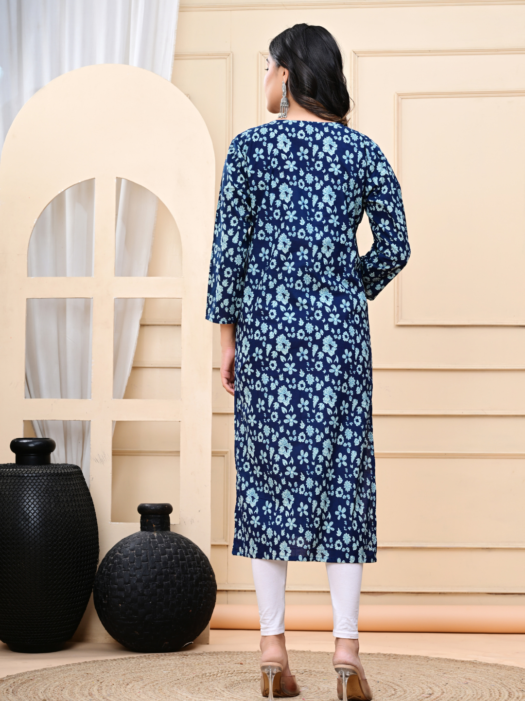 Indigo Blue Pure Cotton Long Kurti – Hand-Block Print