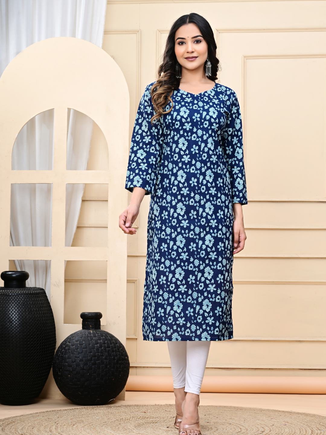 Indigo Blue Pure Cotton Long Kurti – Hand-Block Print