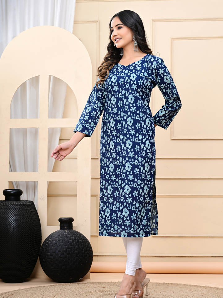 Indigo Blue Pure Cotton Long Kurti – Hand-Block Print