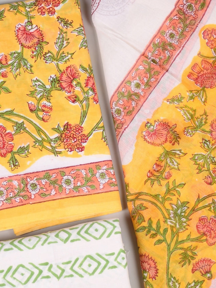 Yellow Repid HandBlock Cotton Suit With Soft Mul Cotton Dupatta