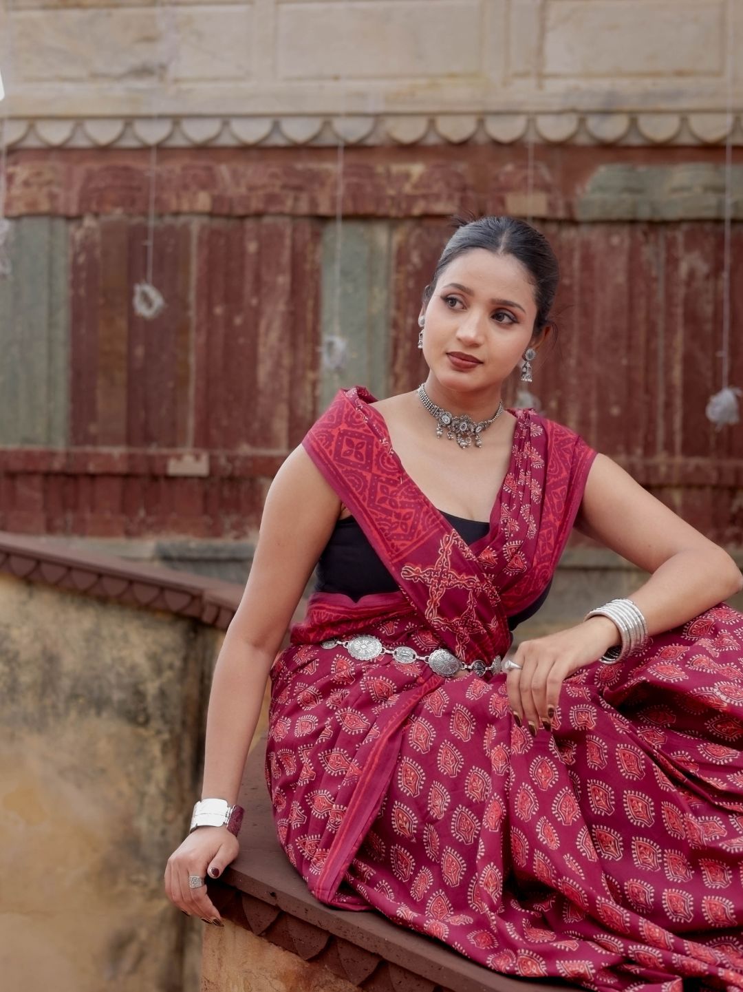 Artisanal Saree Neptol Ajrakh HandBlock Printed Pure Mul Cotton Saree