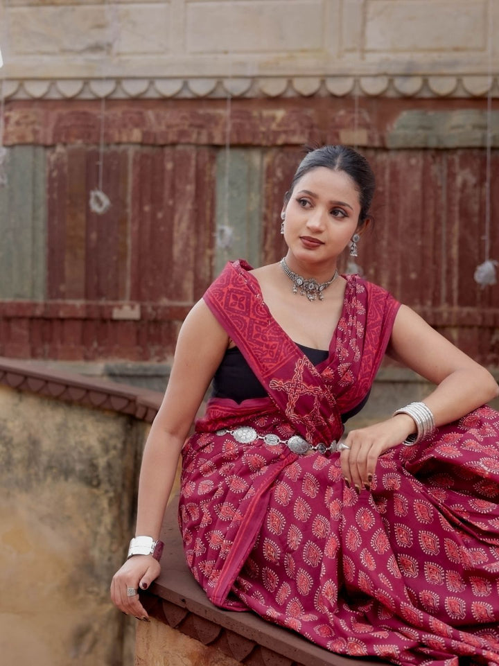 Artisanal Saree Neptol Ajrakh HandBlock Printed Pure Mul Cotton Saree