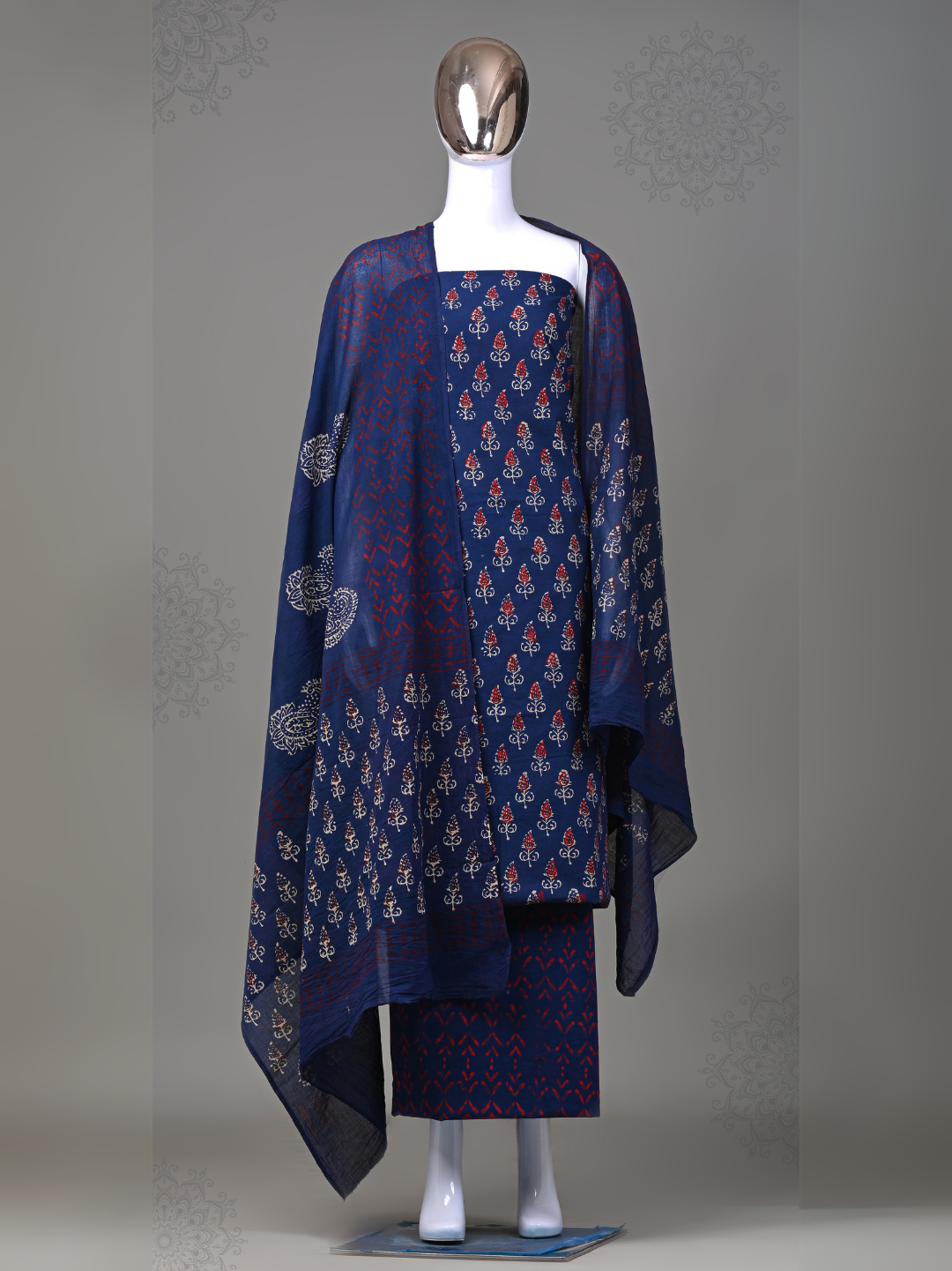 Navy Blue Butti Handblock Printed Cotton Suit with Mulmul Dupatta