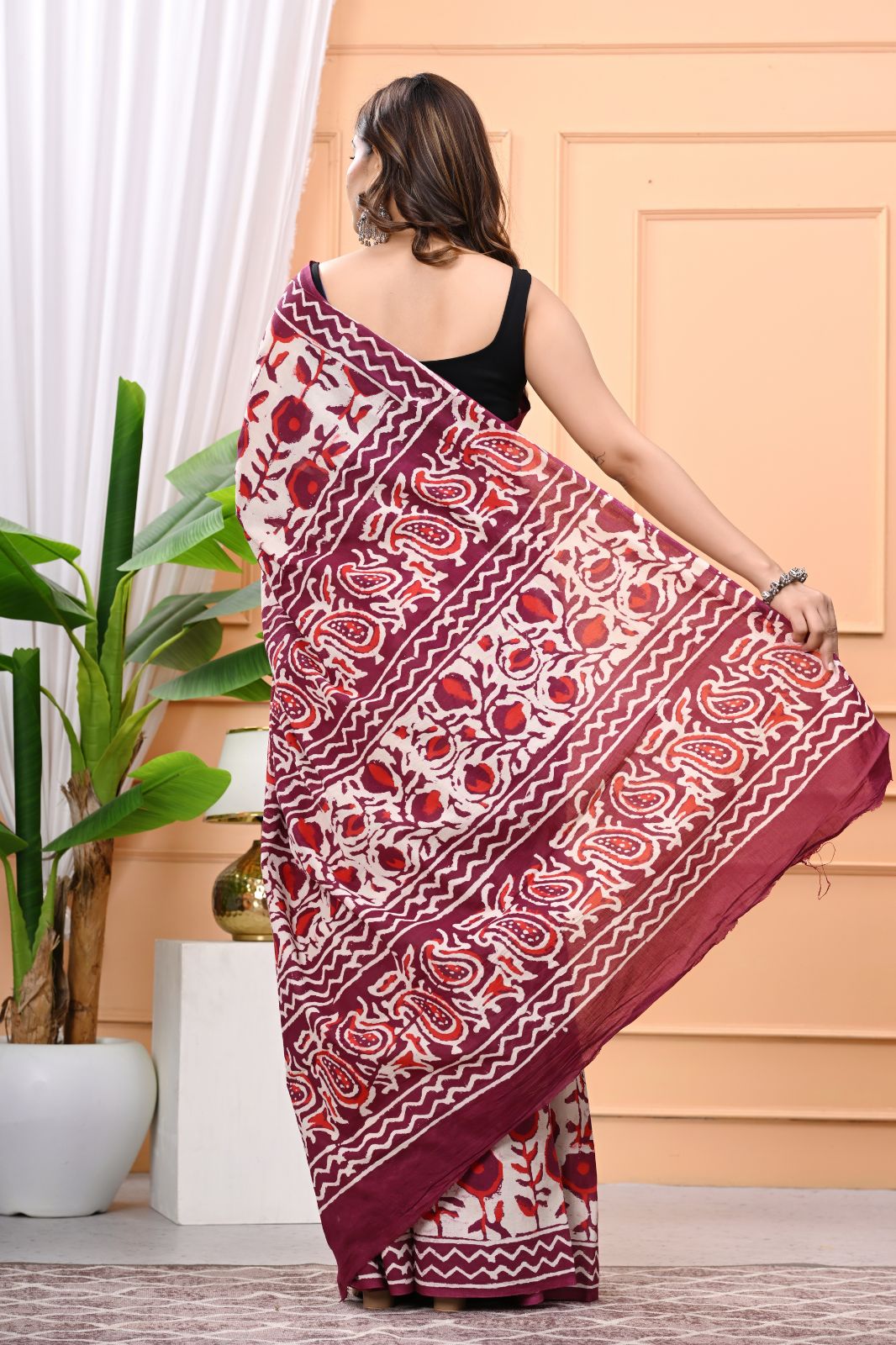 Natural Dabu Hand Block Printed Mulmul Cotton Saree