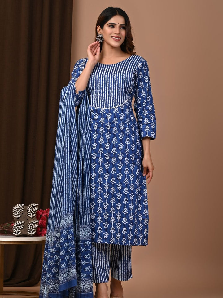 Blue Elegance Exclusive Handblock Printed Cotton Suit Set