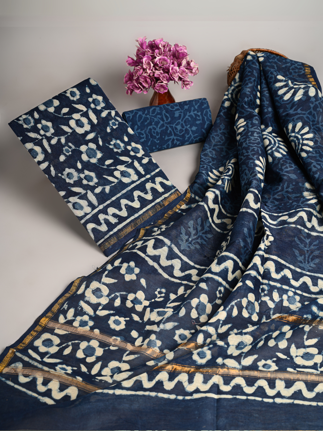 Hand-Block Indigo Chanderi Silk Suits