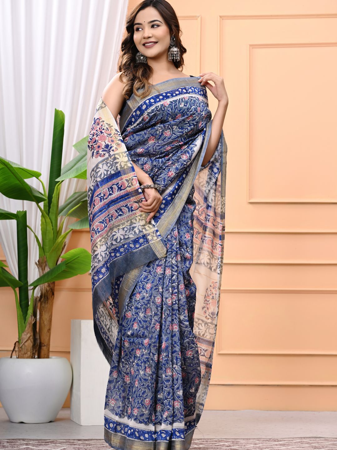 Exclusive Rapid Hand Block Printed Maheshwari Silk Saree