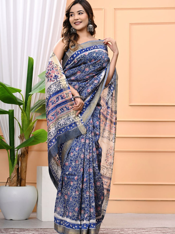 Exclusive Rapid Hand Block Printed Maheshwari Silk Saree