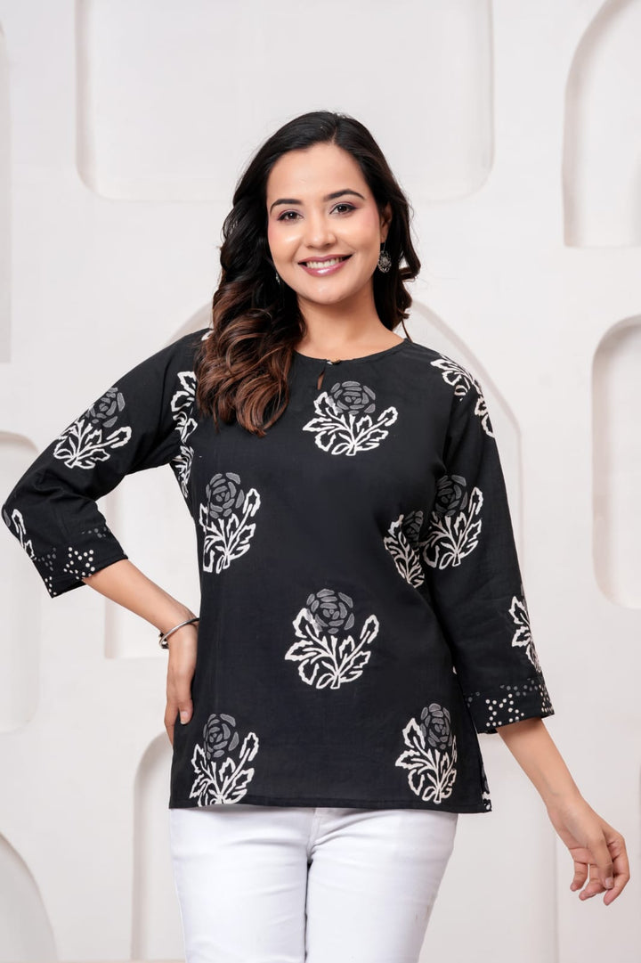 Black & White Hand Block Printed Pure Cotton Short Kurti