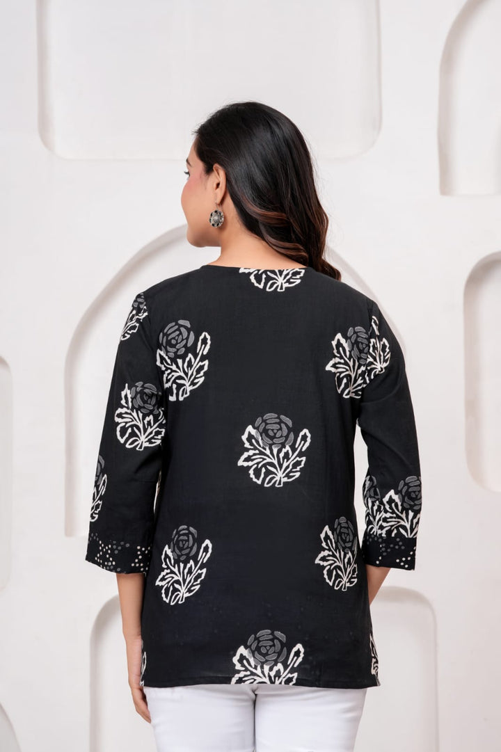 Black & White Hand Block Printed Pure Cotton Short Kurti