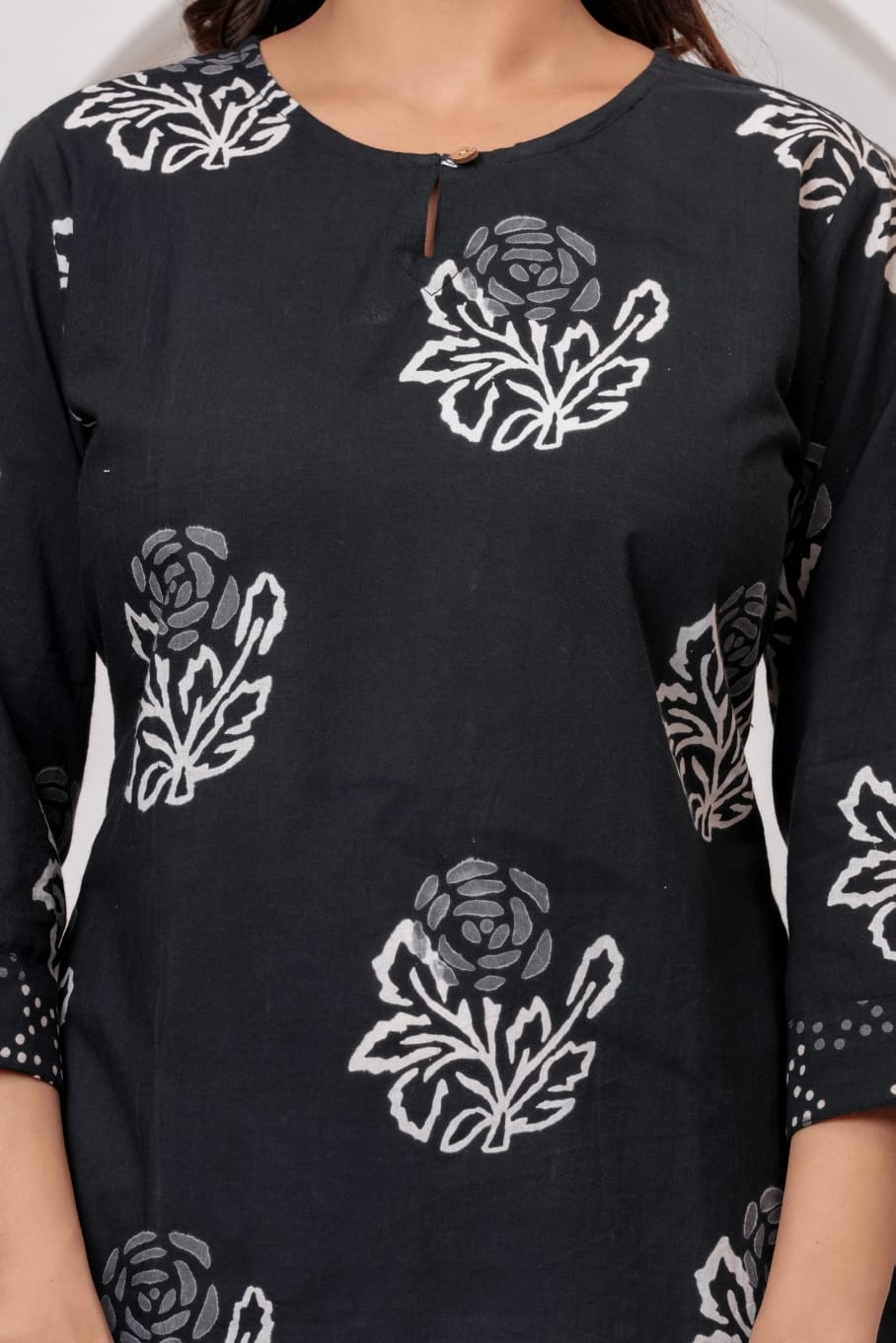 Black & White Hand Block Printed Pure Cotton Short Kurti