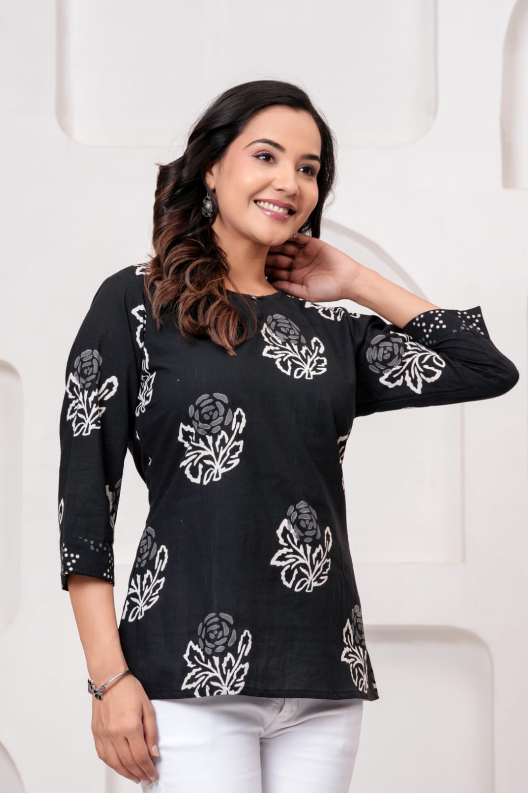 Black & White Hand Block Printed Pure Cotton Short Kurti