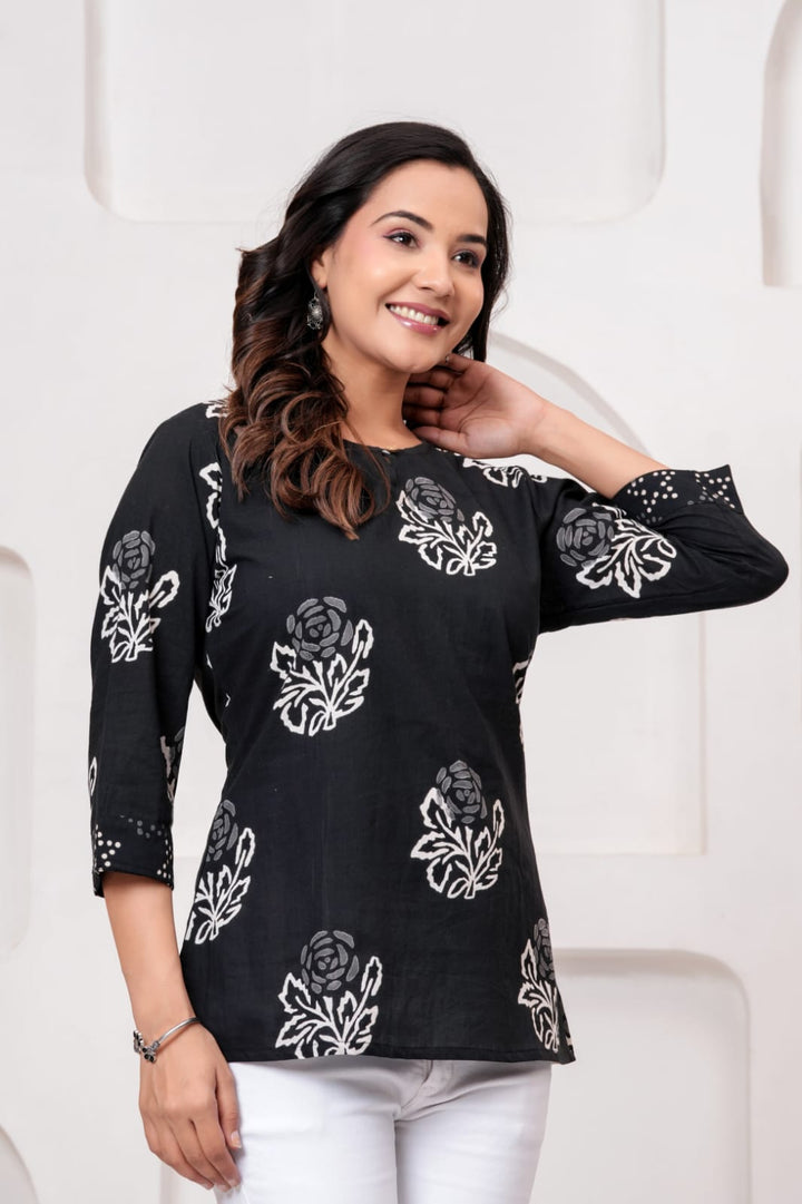 Black & White Hand Block Printed Pure Cotton Short Kurti
