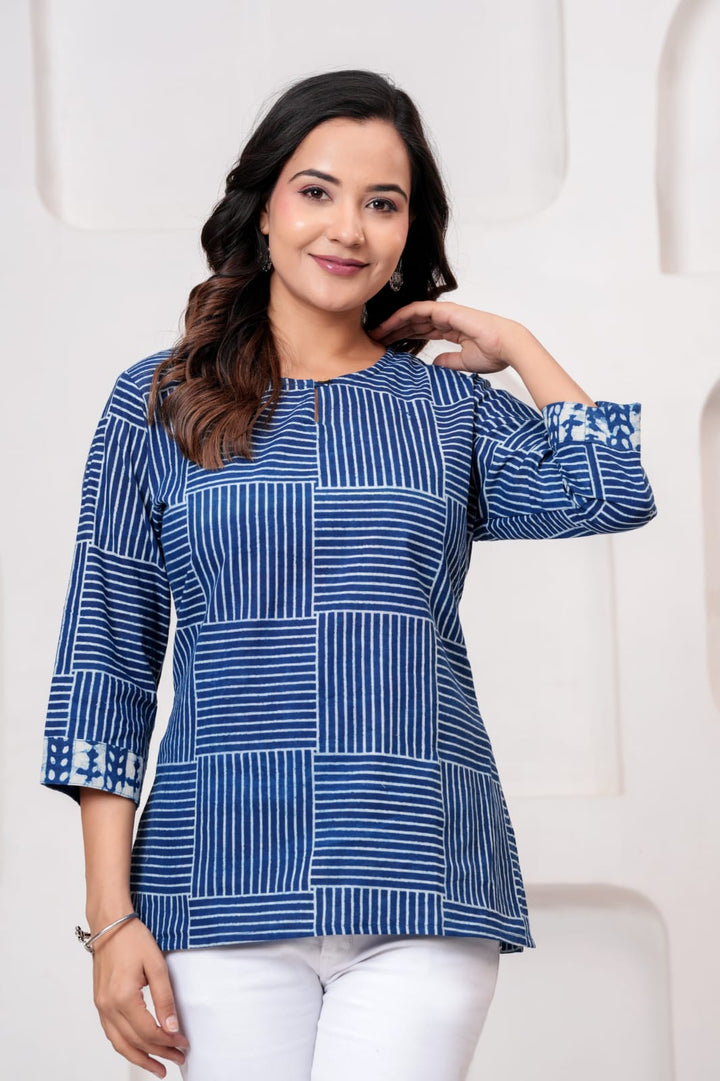 Indigo Lines Hand Block Printed Pure Cotton Short Kurti