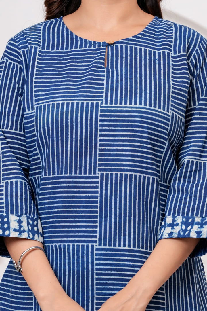 Indigo Lines Hand Block Printed Pure Cotton Short Kurti