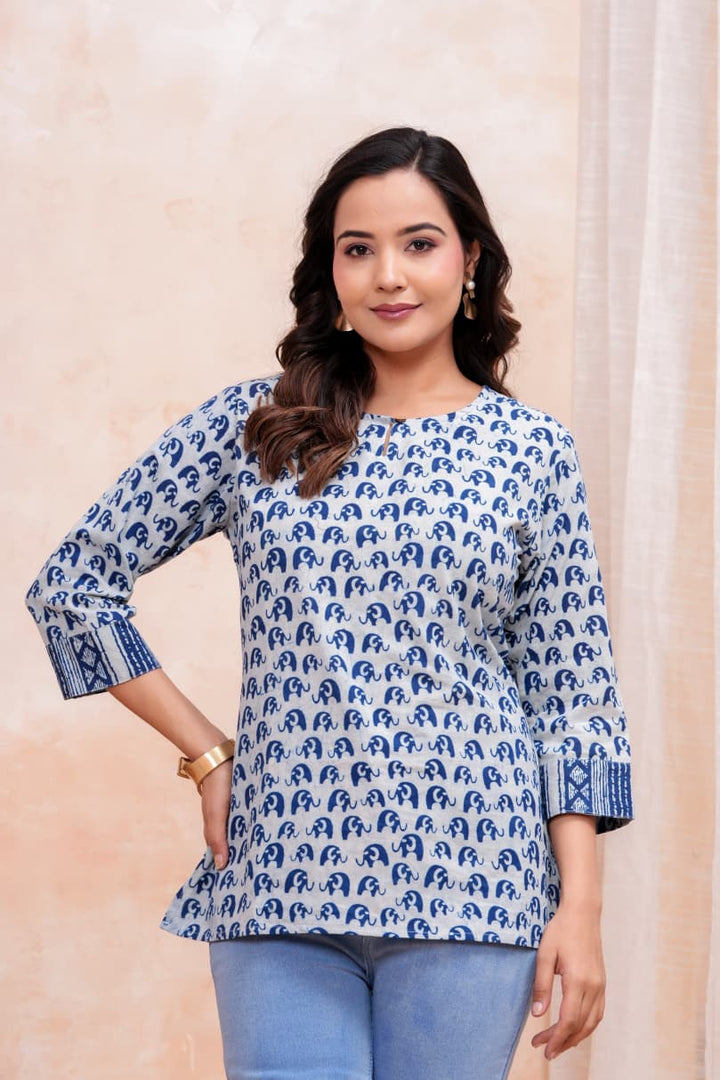 Mini Elephant Hand Block Printed Pure Cotton Short Kurti