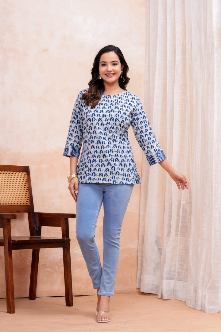 Mini Elephant Hand Block Printed Pure Cotton Short Kurti