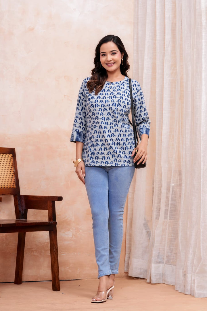 Mini Elephant Hand Block Printed Pure Cotton Short Kurti