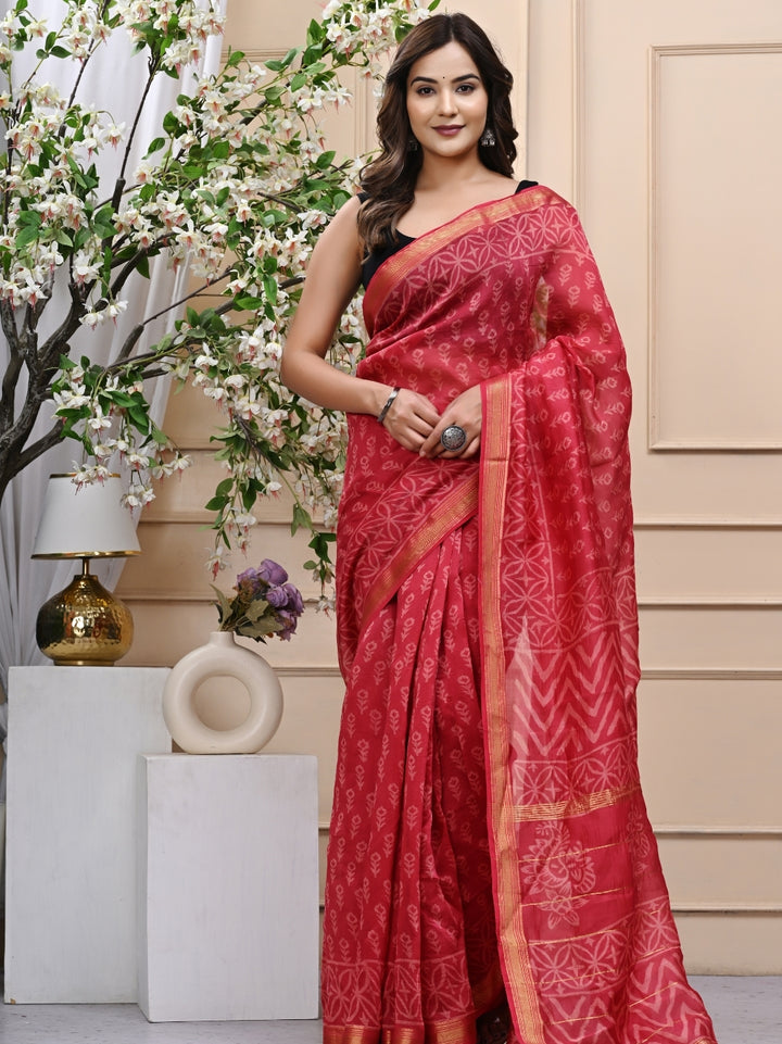 Reddish Pink Handblock Printed Maheshwari Silk Saree with Blouse