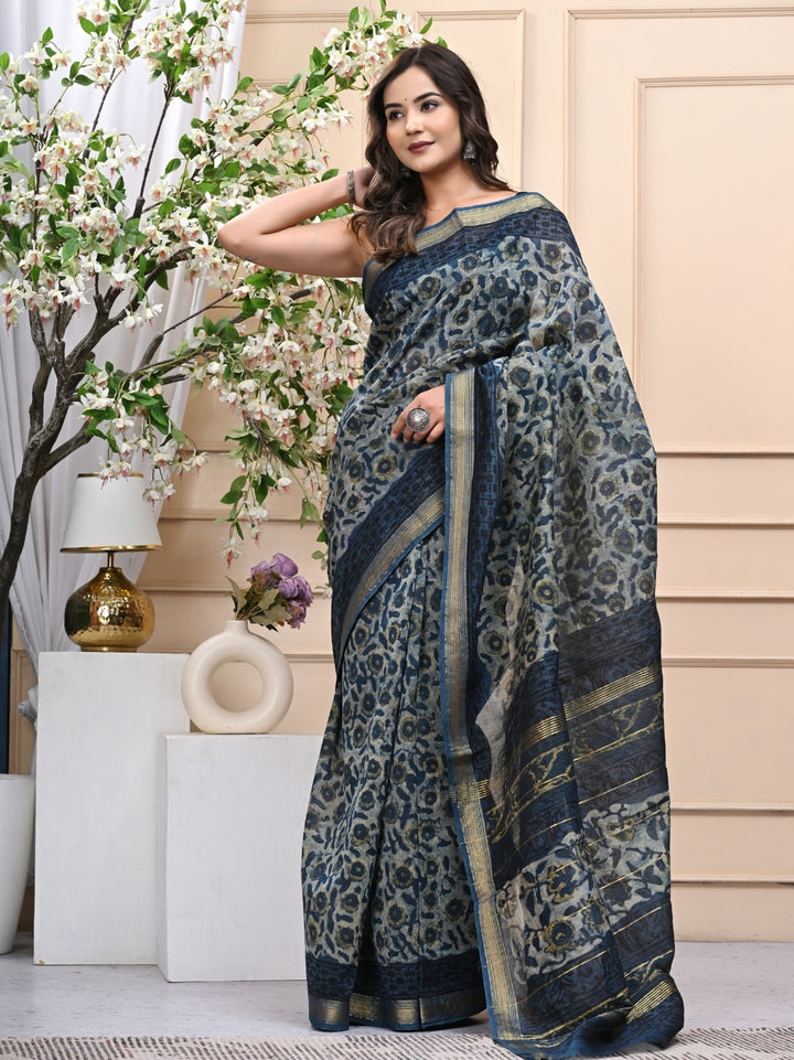 Timeless Vanaspati Ajrakh Indigo Dye Maheshwari Silk Saree with Blouse