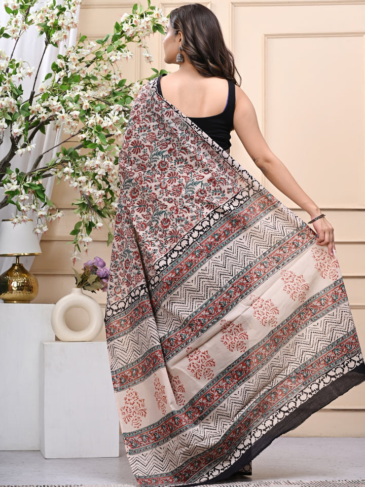 Bagru Kalamkari Handblock Printed Mulmul Cotton Saree