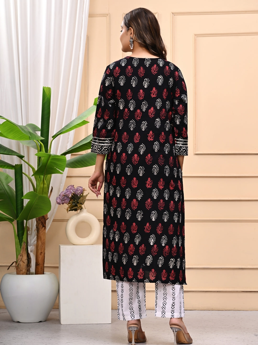 Black in White Handblock Printed Cotton Stitched Suit
