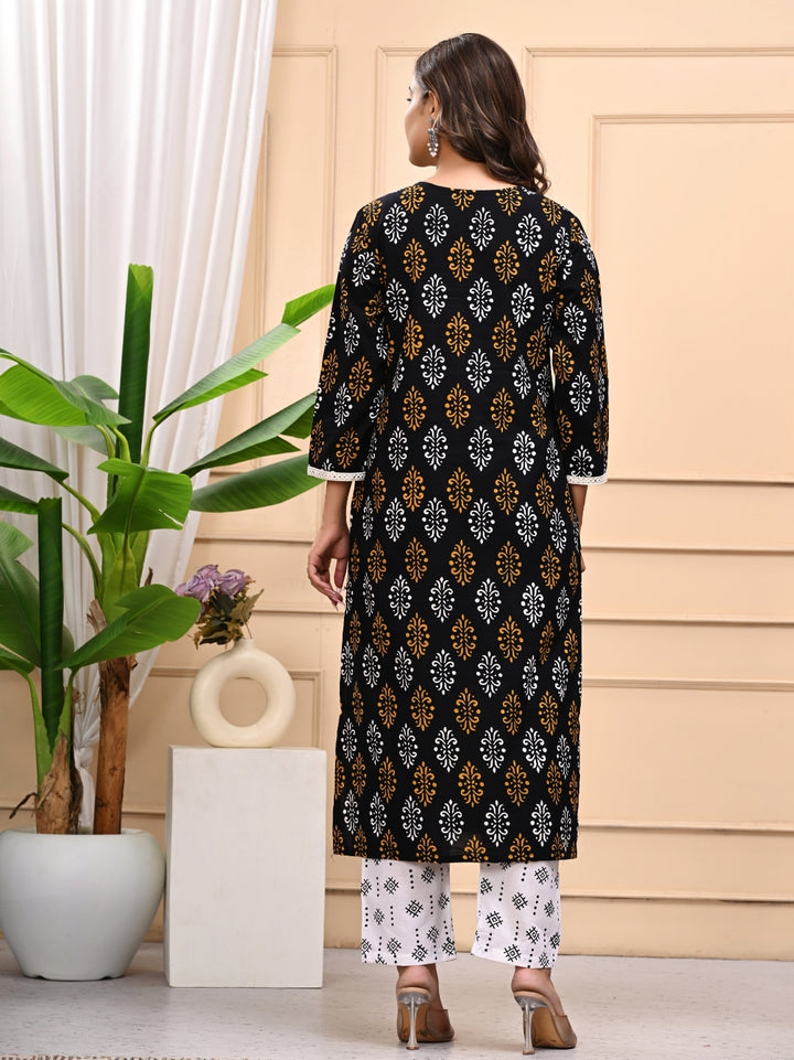 Black in White Handblock Printed Cotton Stitched Suit