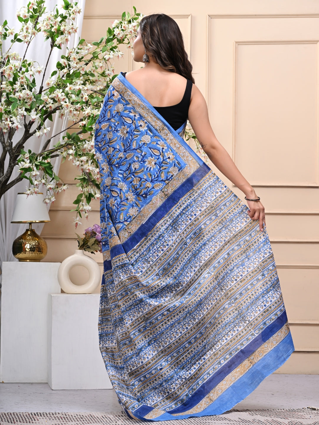 Blue Traditional Jaal Handblock Printed Mulmul Cotton Saree