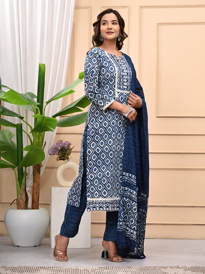 Indigo Bagru Handblock Printed Cotton Suit With Mulmul Dupatta