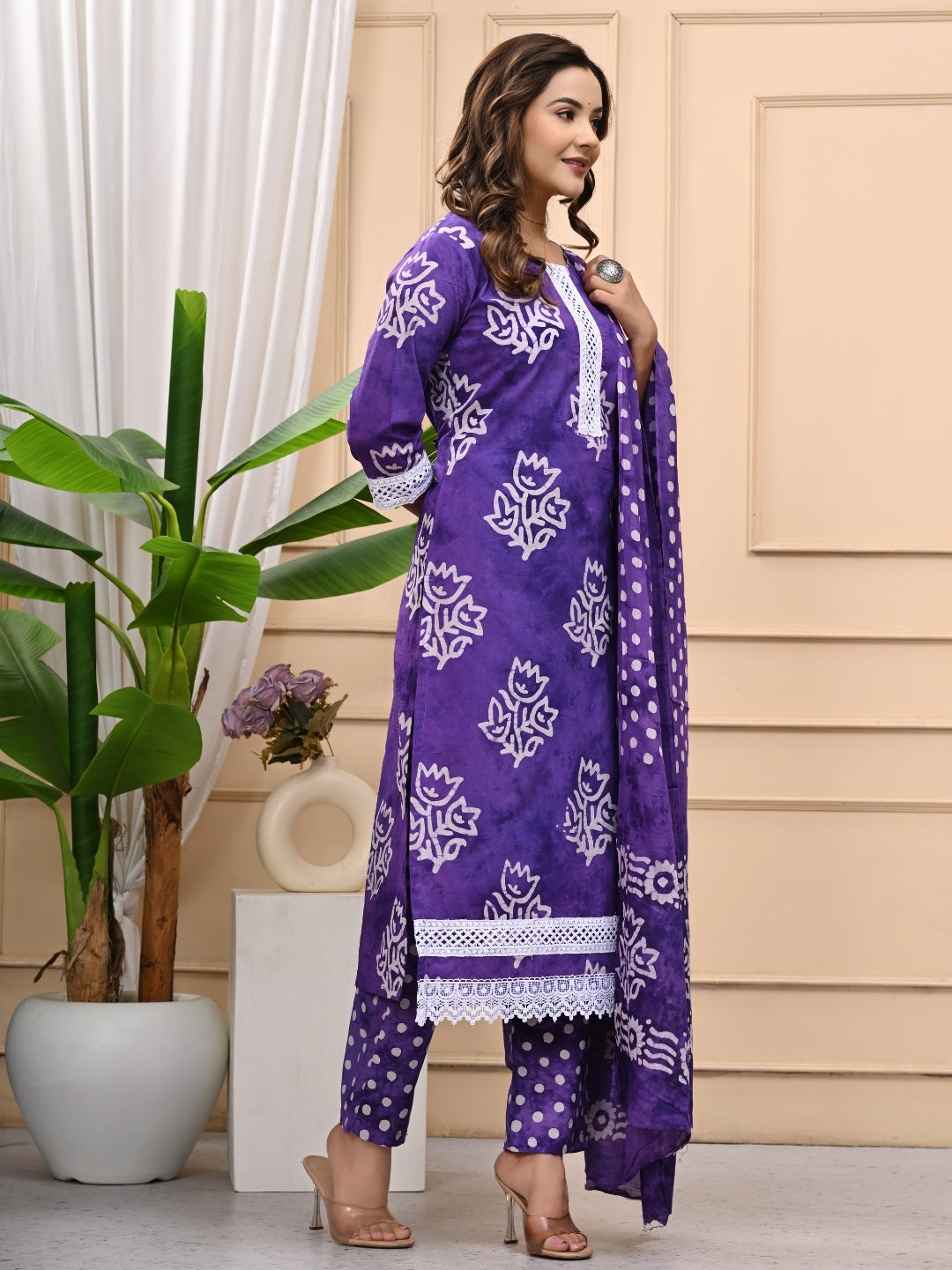 Purple Batik Printed Cotton Stitched Suit