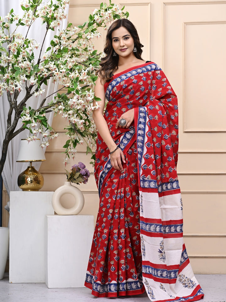 Red Bagru Handblock Printed Mulmul Cotton Saree with Blouse