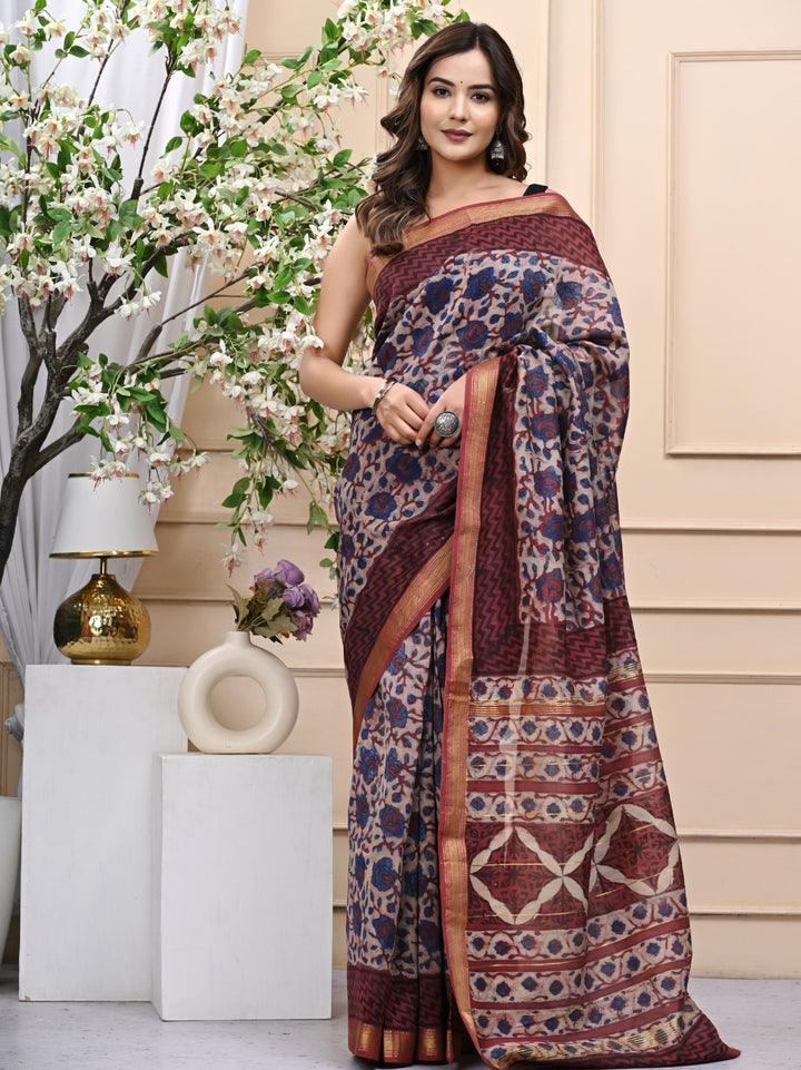 Artisanal Vanaspati Ajrakh Maheshwari Handblock Saree with Blouse
