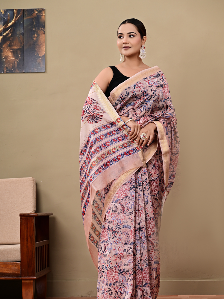 Bagru Block Printed Maheshwari Silk Saree