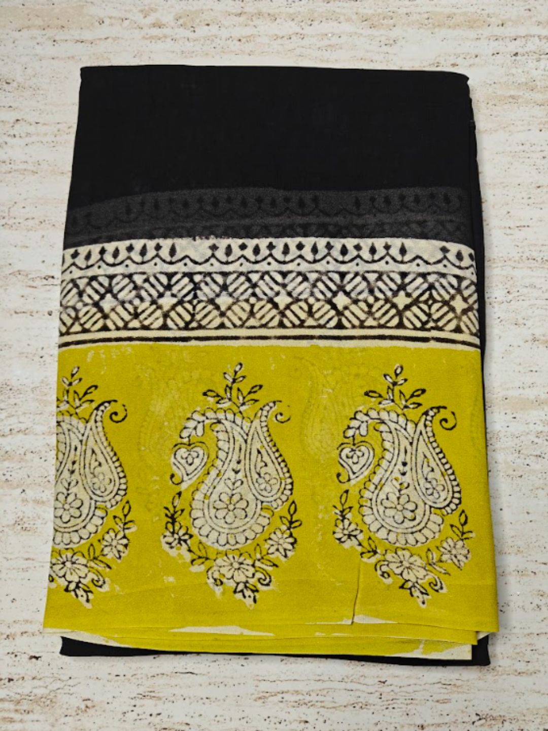 Yellow & Black Putai PatternBagru HandBlock Super Georgette Saree